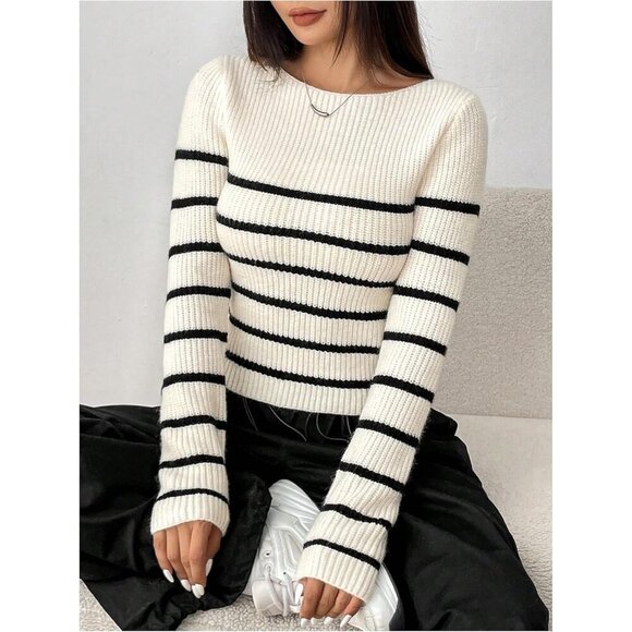 Women's Cropped Sweater Knitted Long Sleeve Boat Neck Fall Outfits - Picture 6 of 6